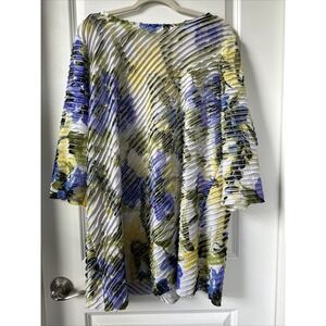 Susan Graver Blouse Womens 2X Floral 3/4 Sleeve Layer Ruffle Round Neck Flowy